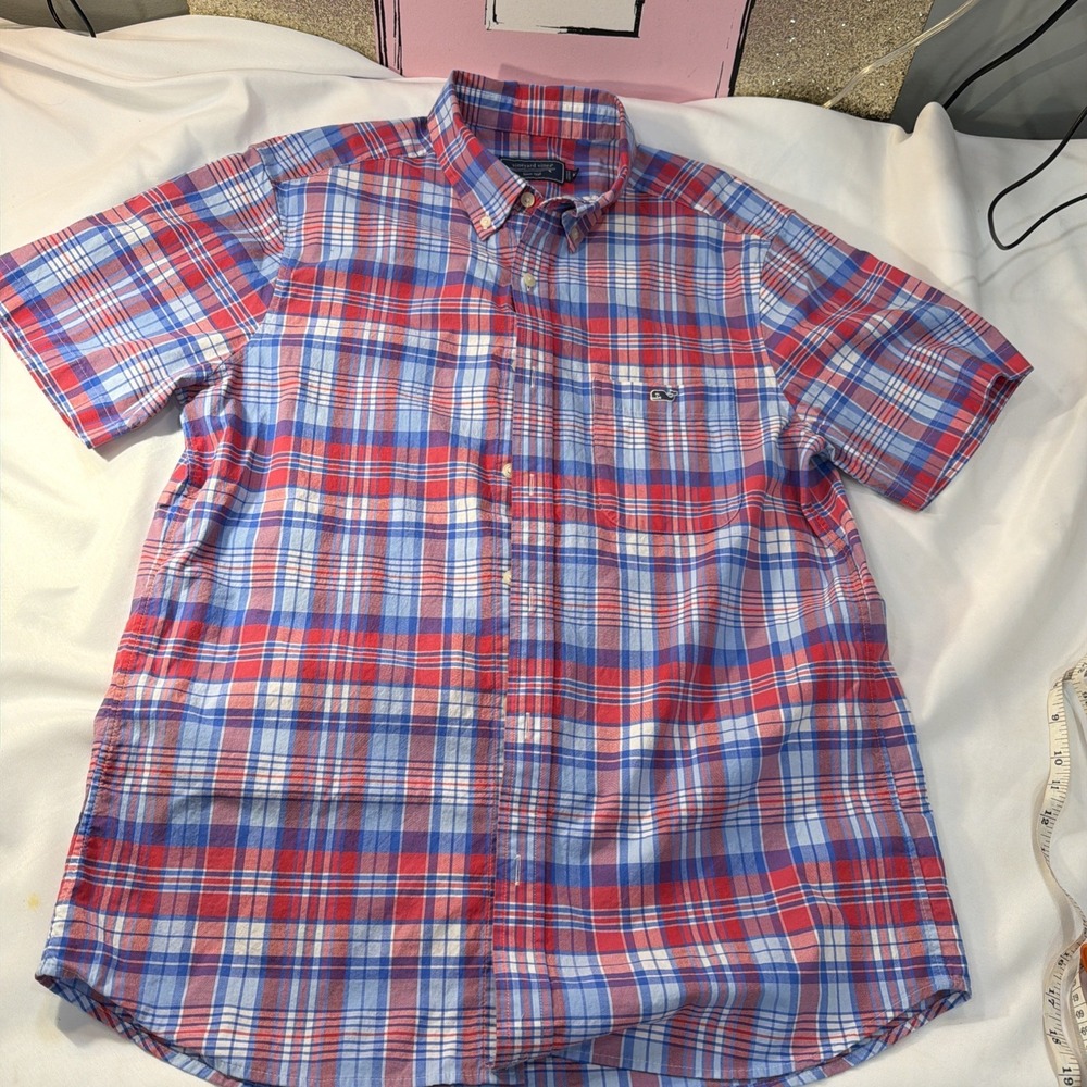 VINEYARD VINES Red Blue White Plaid Cotton Spring Short Sleeve Whale Med 230